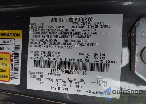 2021 Ford Mustang Shelby Gt500 Fastback z USA, uszkodzony, nr VIN 1FA6P8SJ0M5504136